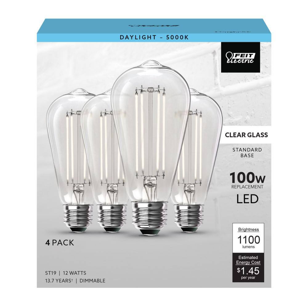 Feit Electric 100-Watt Equivalent ST19 Dimmable Straight Filament Clear Glass Vintage Edison LED Light Bulb Daylight (4-Pack) ST19100CL950CA4