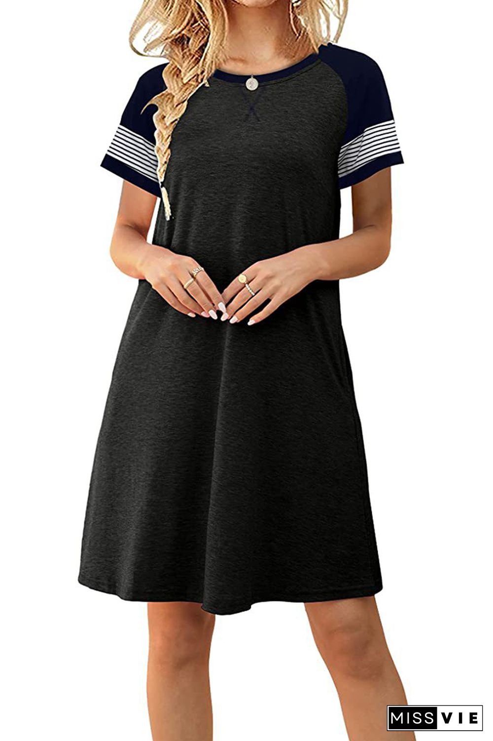 Striped Short Sleeve Splicing O-neck T-shirt Dress Wholesale