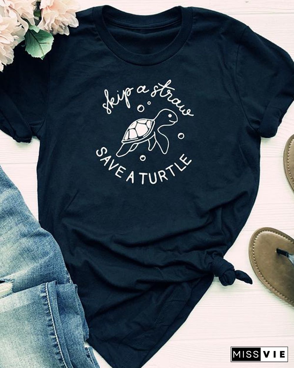 Skip A Straw Save A Turtle Shirt Womens Graphic Tee Short Sleeve