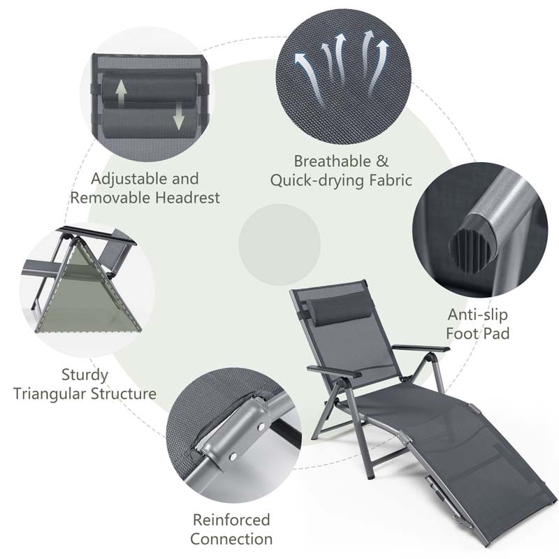 Folding Aluminum Chaise Lounge Chair with Quick-Drying Fabric, 8-Position Outdoor Lounge Recliner