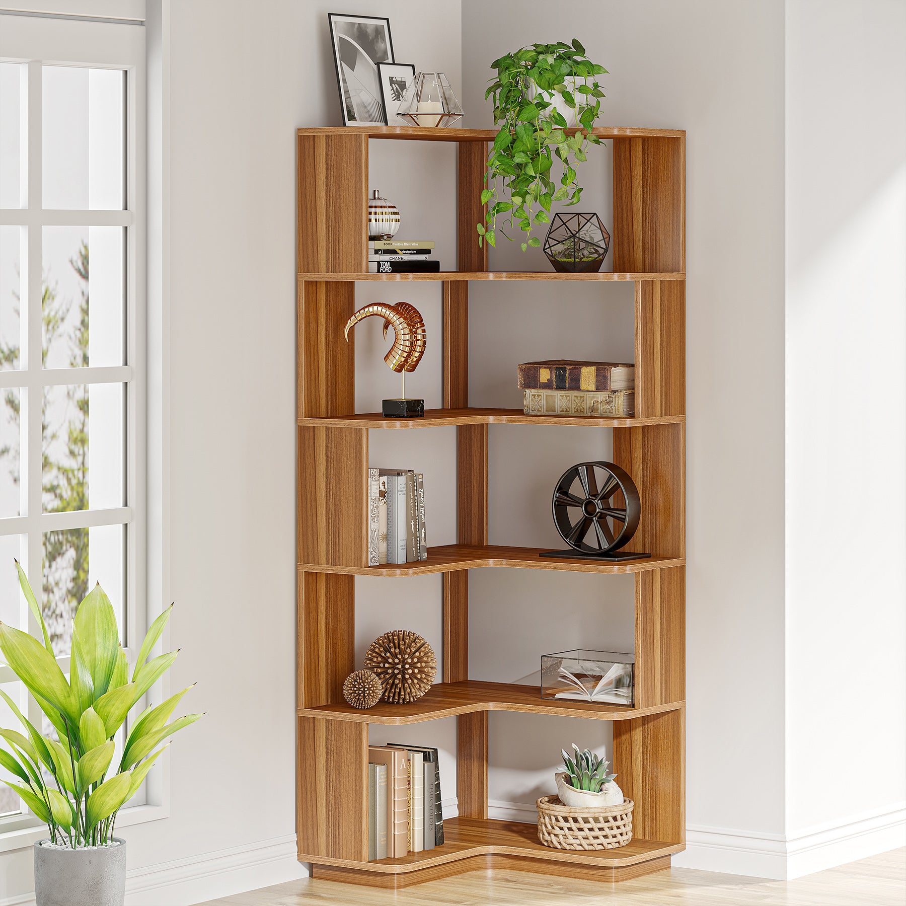 6-Tier Corner Bookshelf, 64.96 Corner Bookcase with Anti-Drop Panel