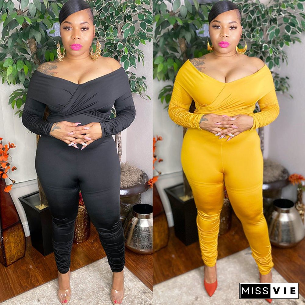 Sexy Plus Size Long Sleeve Off Shoulder Bodycon Jumpsuit