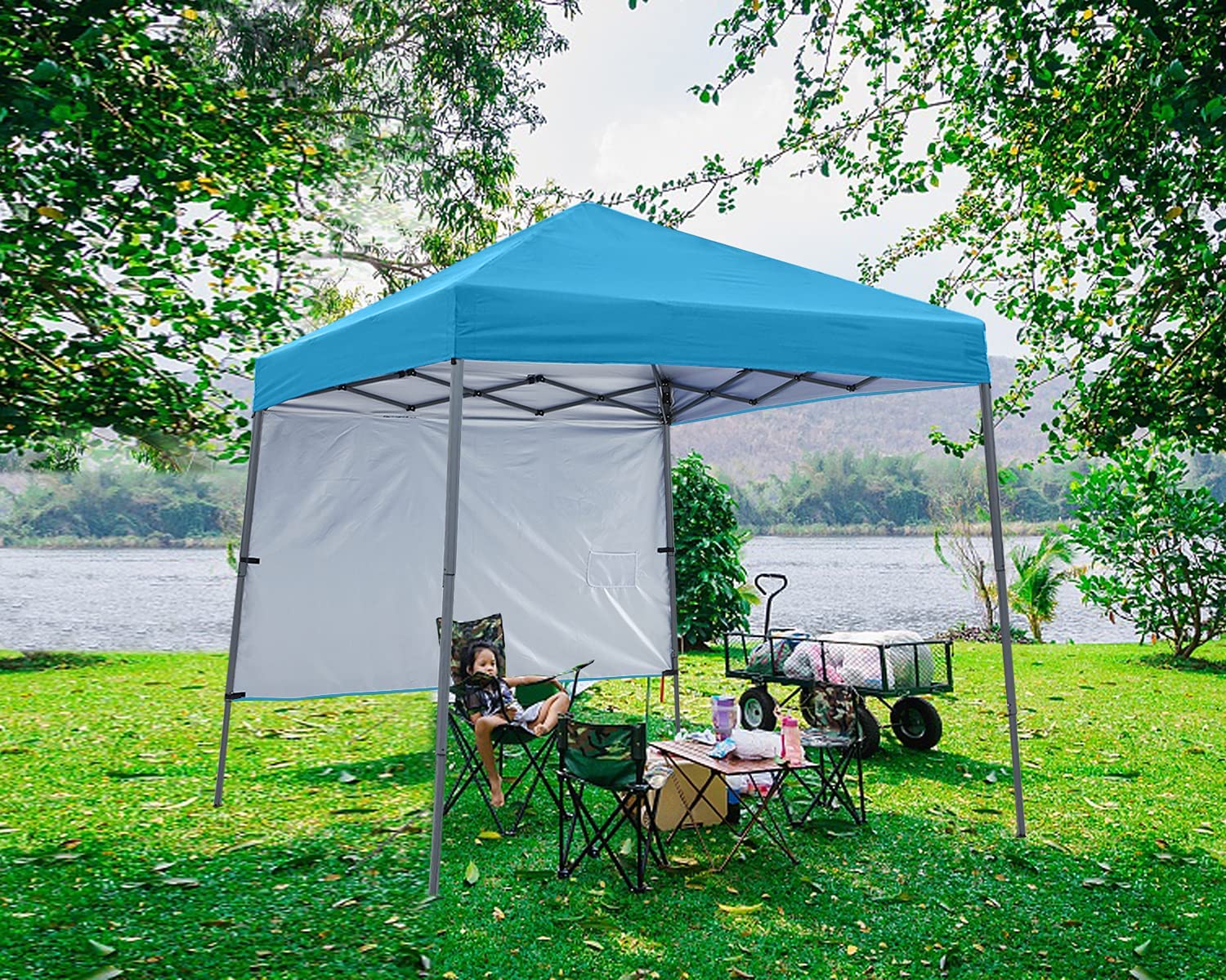 ABCCANOPY 8 ft x 8 ft Outdoor Pop up Slant Leg Canopy Tent with 1 Sun Wall and 1 Backpack Bag - Sky Blue