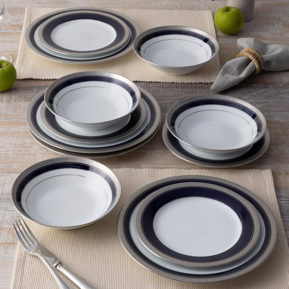 Noritake Crestwood Cobalt Platinum White Porcelain 12-Piece Dinnerware Set Service For 4 4170-12H