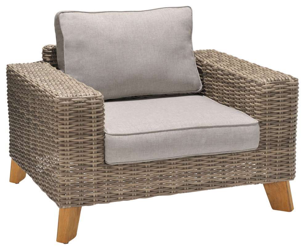 Bahamas Outdoor Wicker and Teak Wood Lounge Chair With Beige Olefin   Industrial   Coffee Table Sets   by HedgeApple  Houzz