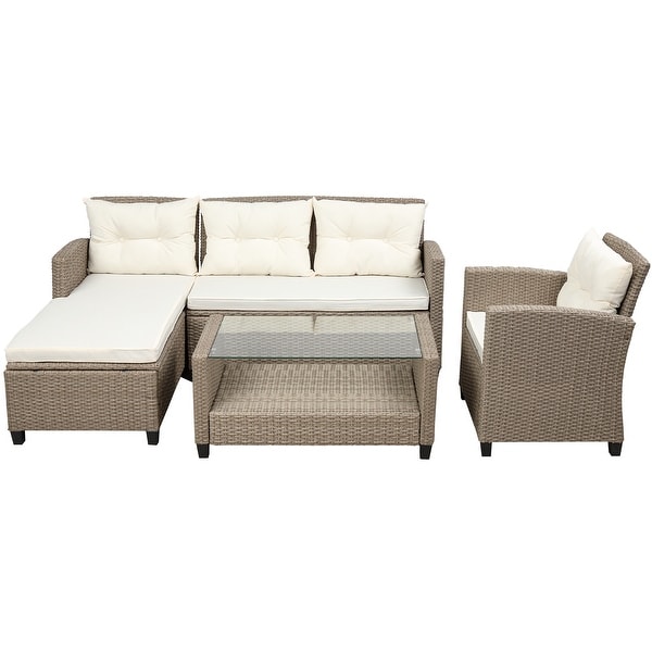 Living room，Outdoor，Patio Furniture Sets，4 Piece Conversation Set Wicker Ratten Sectional Sofa with Seat Cushions