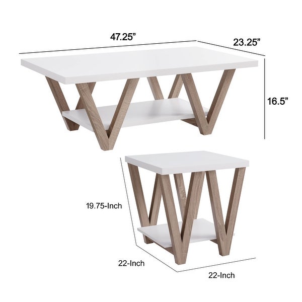 47， 22 Inch Coffee Table with End Table， Bottom Shelf， V Legs， White， Taupe