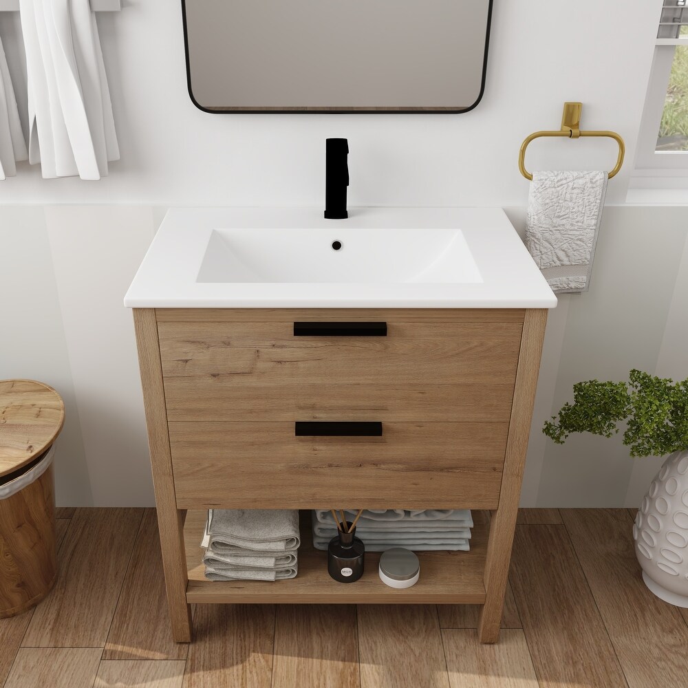 30 Inch Freestanding Bathroom Vanity with Soft Closing Drawers and Ceramic Sink  2/3 Extension Self Closing Drawers