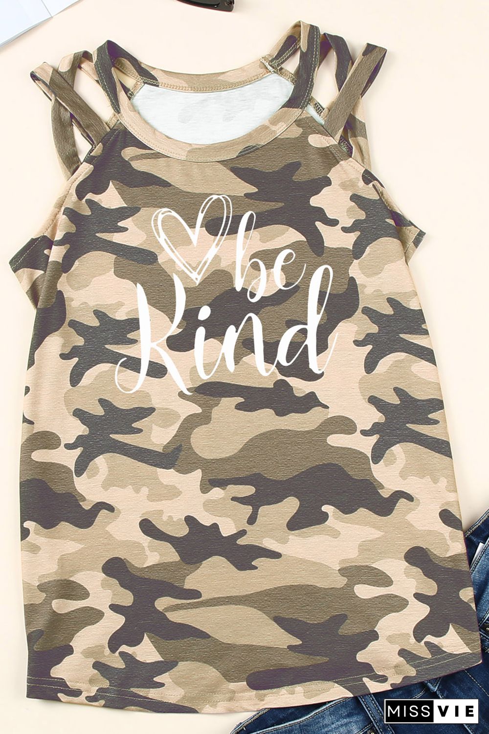 Green Be Kind Camo Crisscross Shoulder Tank Top