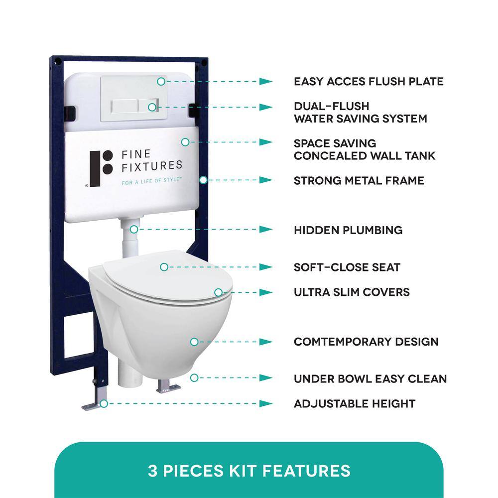 FINE FIXTURES Vogue Wall-Hung 2-Piece 1.6 GPF Dual Flush Round Toilet in White with Concealed Tank and Dual Flush Plate Seat Included WT11RM-CTA11BL