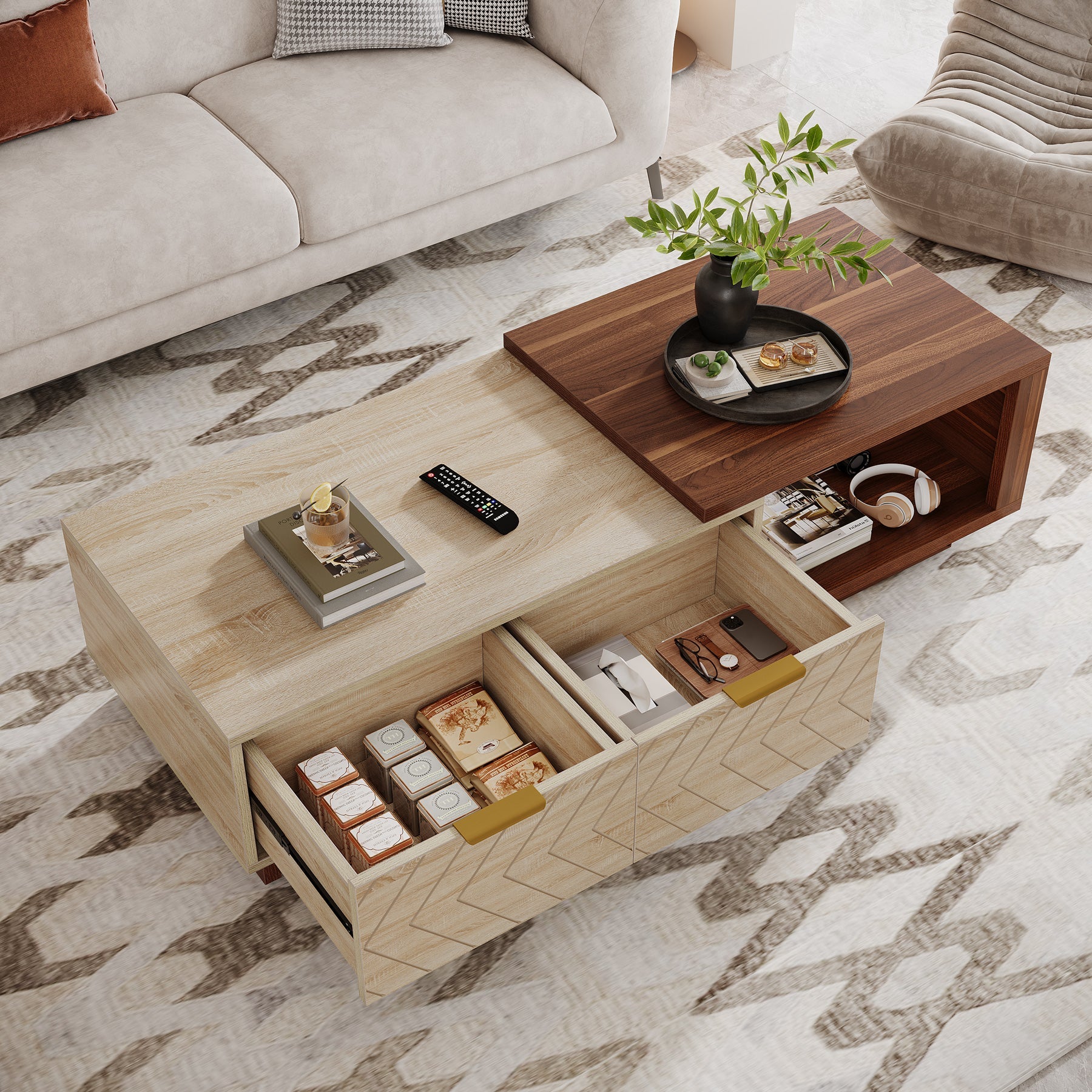 Extendable Coffee Table, Center Table Cocktail Table with 2 Storage Drawers