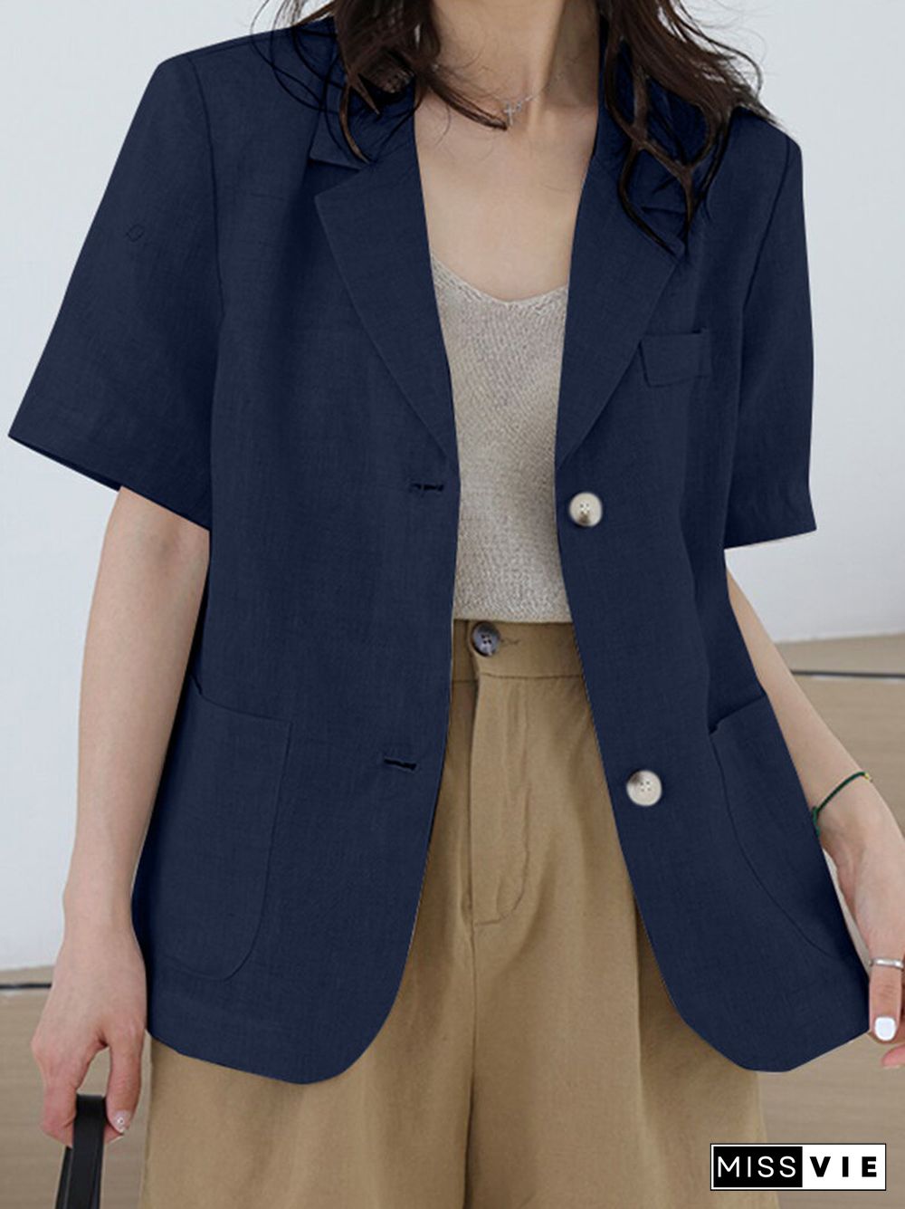 Solid Pocket Button Front Short Sleeve Lapel Casual Blazer