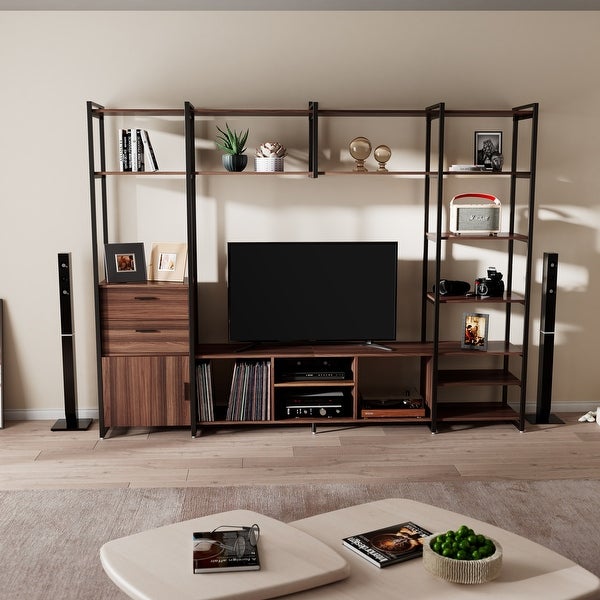 Eureka Ergonomic TV Console Entertainment Center for 65 Inch TV， Height Adjustable Open Shelves， Walnut