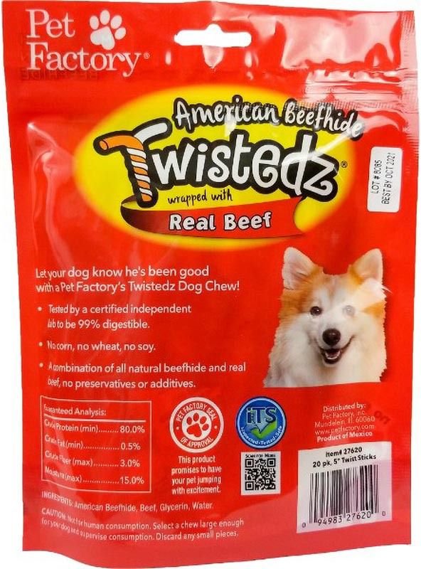 Pet Factory Twistedz 5-inch Beefhide Beef Flavored Twist Sticks Dog Hard Chews， 20 count