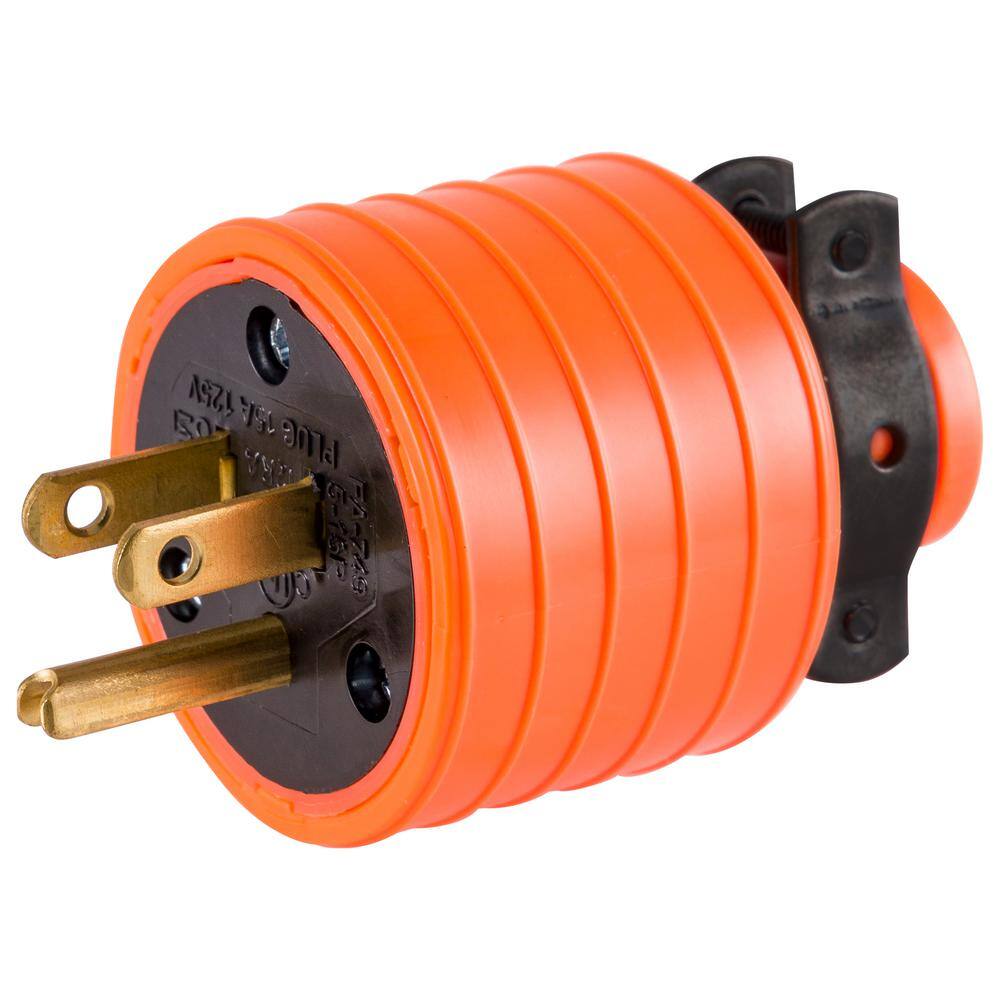 GE 15 Amp Heavy Duty Plug Grounded with Black Metal Clamp Orange 18191