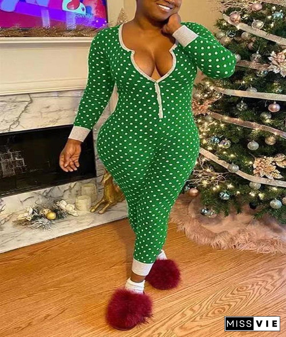 Long Sleeve Low Cut Print Sleepwear Jumpsuit