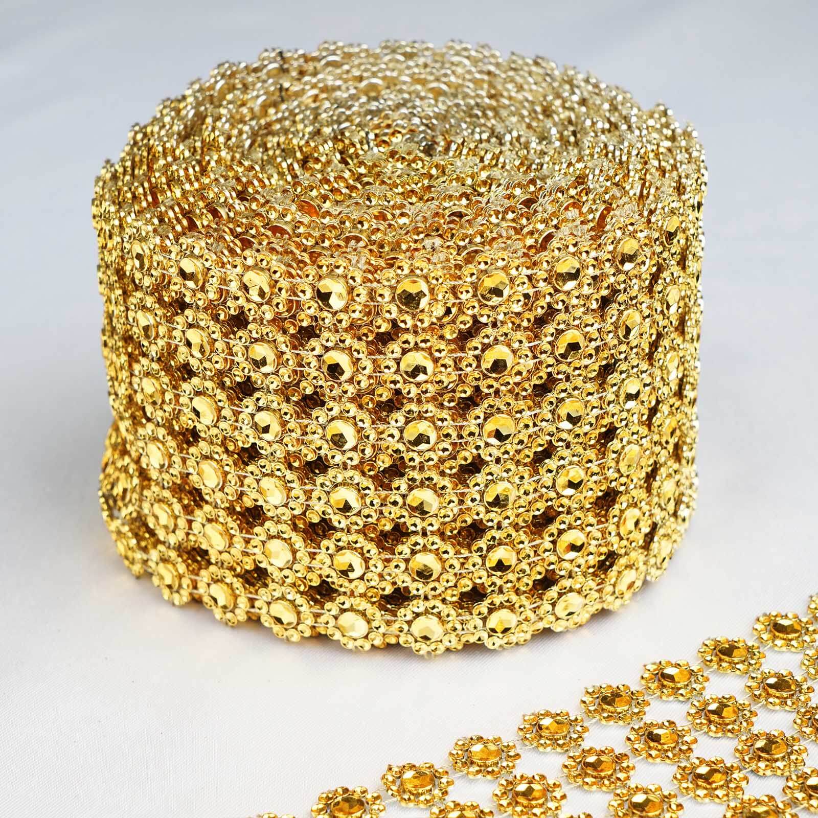 Gold Fleur Diamond Rhinestone Ribbon Wrap Roll, DIY Craft Ribbon 4