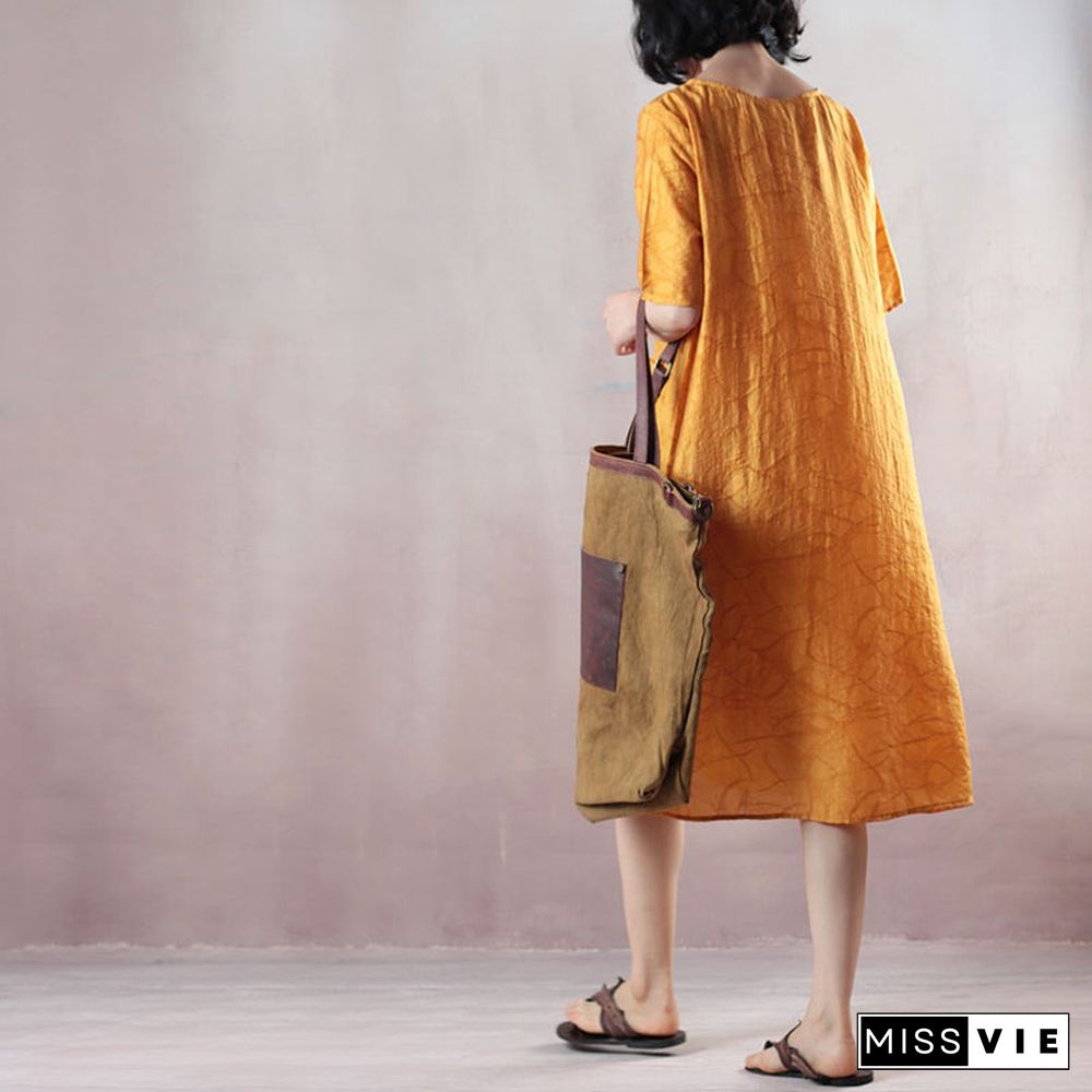 boutique yellow pure linen dresses oversized linen dress casual short sleeve Jacquard O neck linen dress