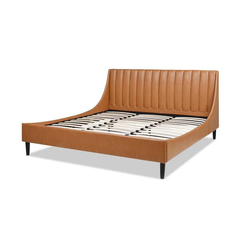 Aspen Vertical Tufted Headboard Platform Bed Set, King, Caramel Tan Brown Faux Leather