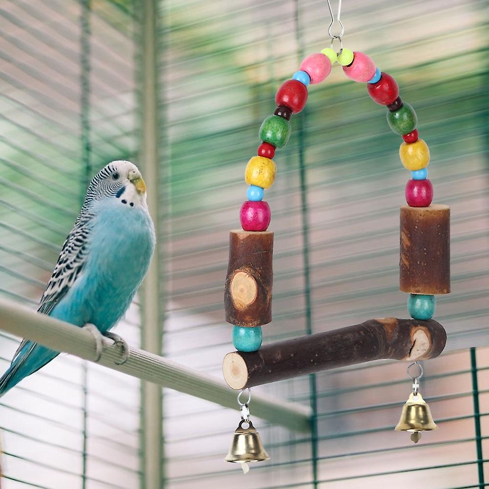 Wooden Bird Cage Stand Parrot Hanging Swing With Colorful Beads Bell Resting Rack Toy