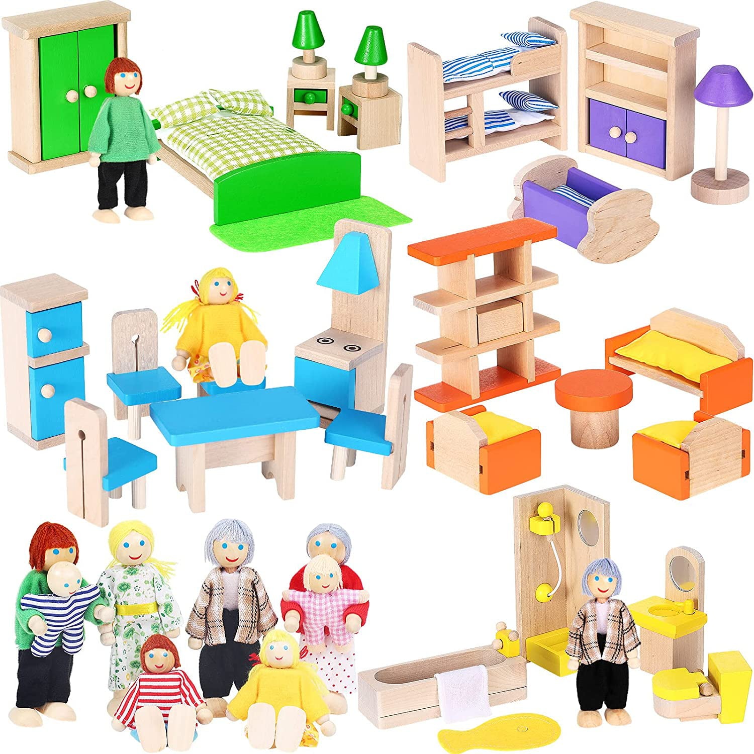 5 Set Wooden Dollhouse Furniture with 8 Family Figures 1:12 Scale Doll House Furnishings， 35 Pieces Dollhouse Accessories (Living Room， Kitchen， Baby Room， Bedroom， Bathroom)