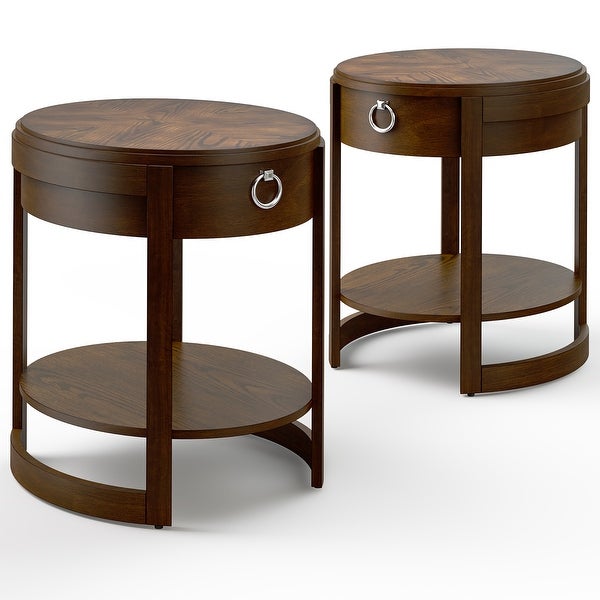 Round Side End Table with Drawer Storage Shelf Accents Nightstand