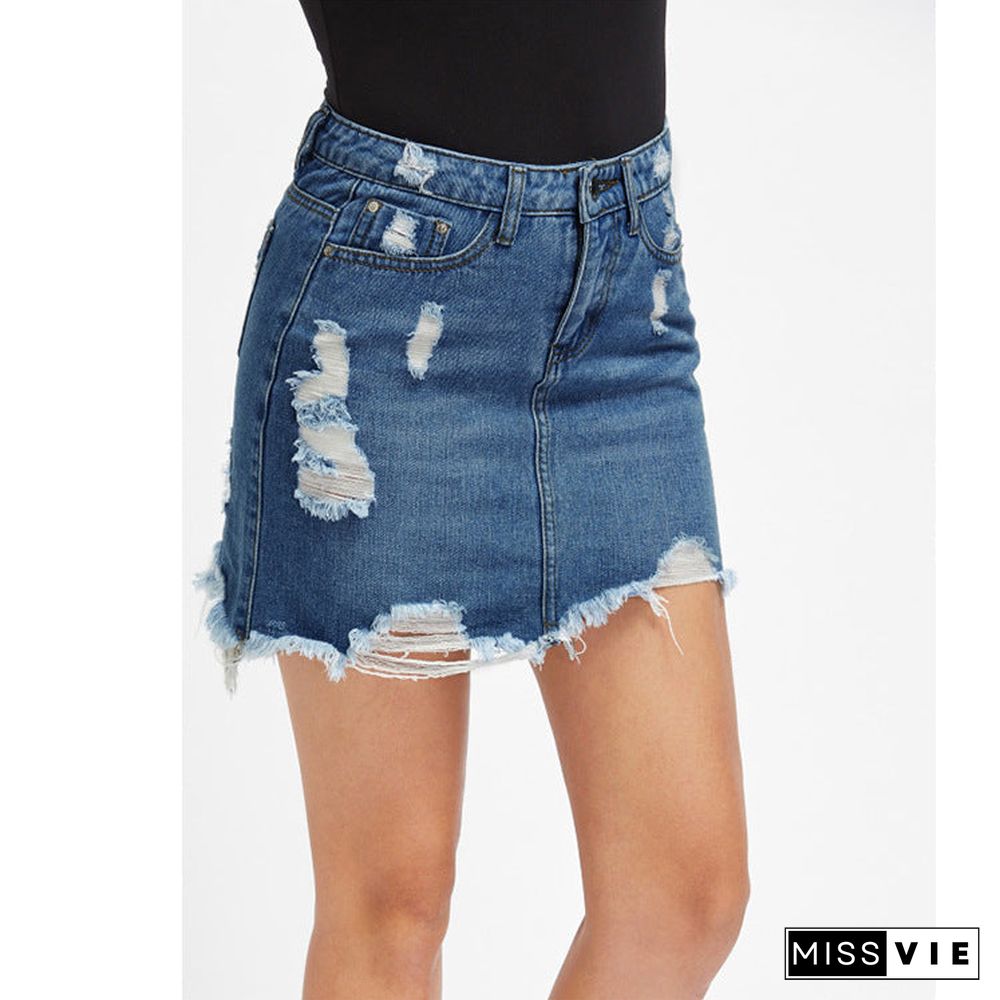 Vintage Washed Distressed Notched Light Denim Mini Skirt