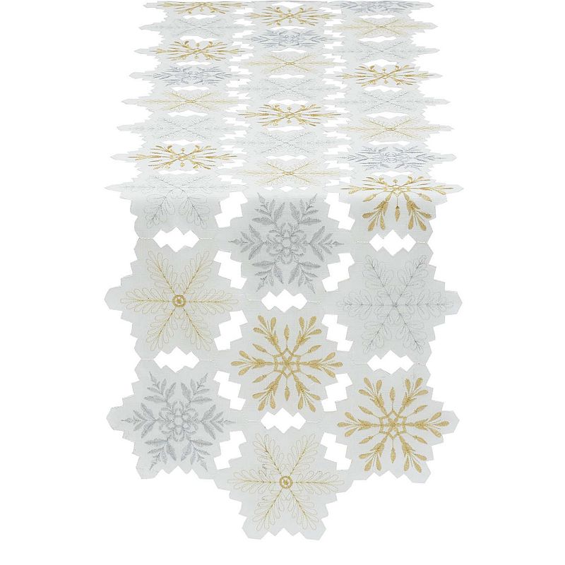 54 White and Gold Colored Embellished Snowflakes Table Runner