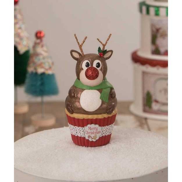 Christmas Rudolph Cupcake Container One Decorative Container 6 0 Inches Glittered Red Nose Tl1364 Polyresin Brown