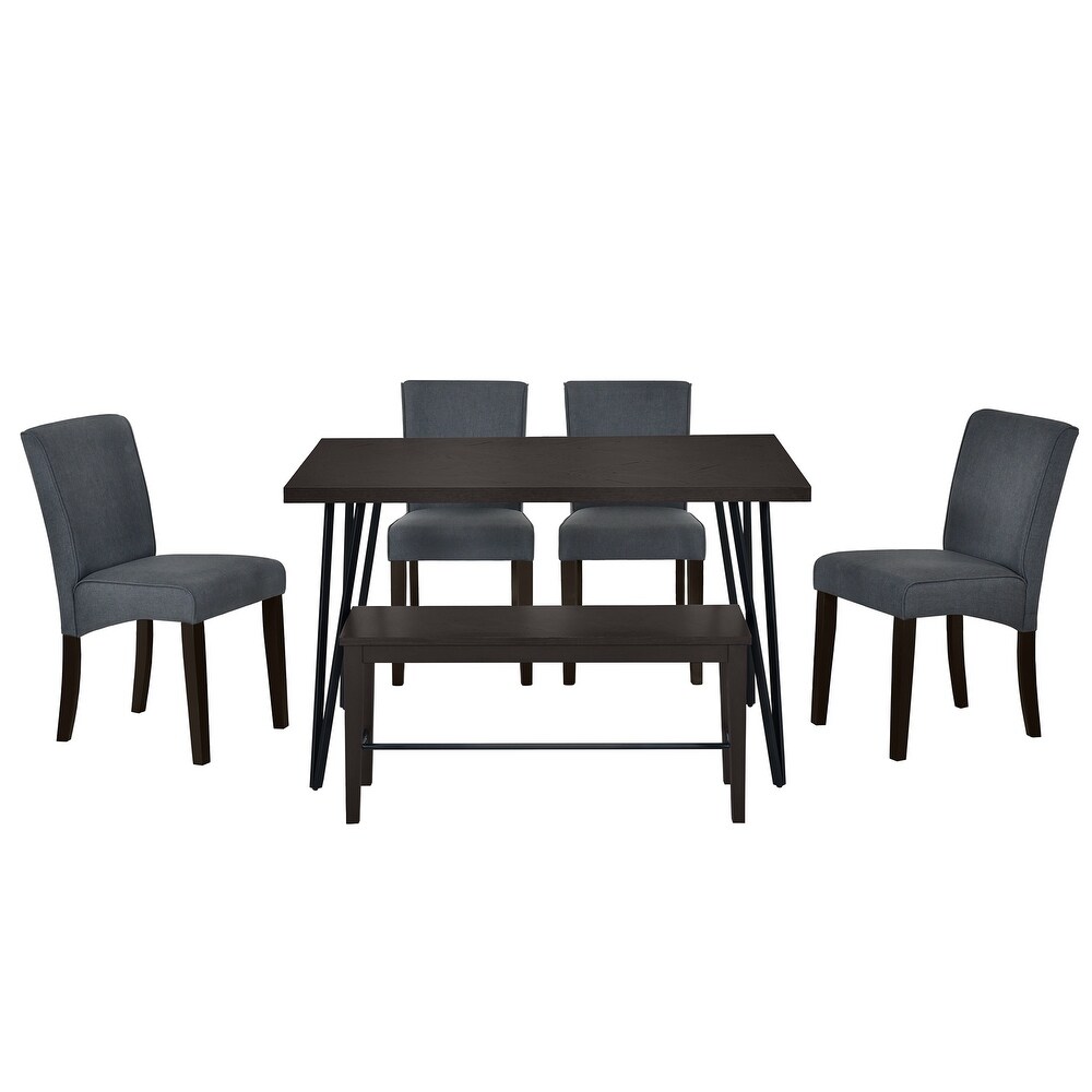 6 Piece Rectangular Dining Table Set w/Upholstered Chairs   Bench