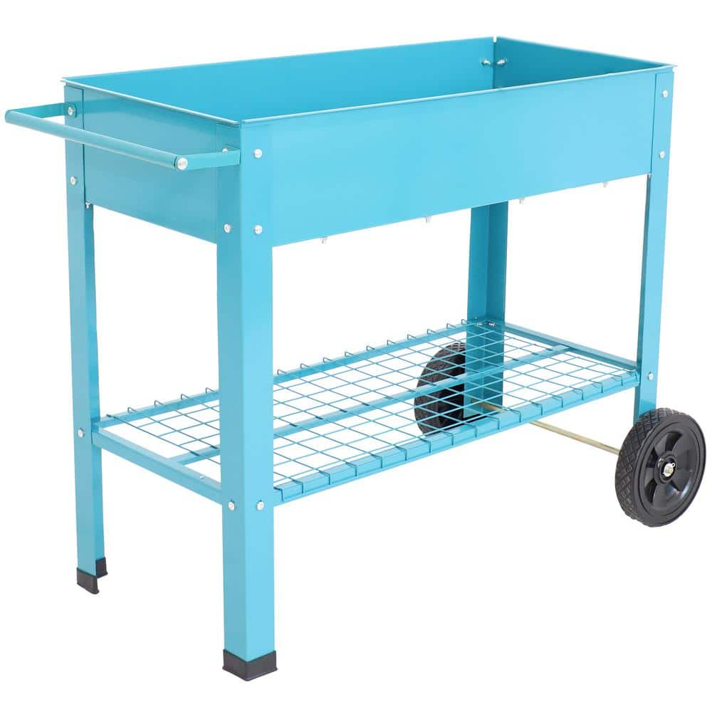 Sunnydaze Decor Galvanized Steel Mobile Raised Garden Bed Cart in Blue HB-229