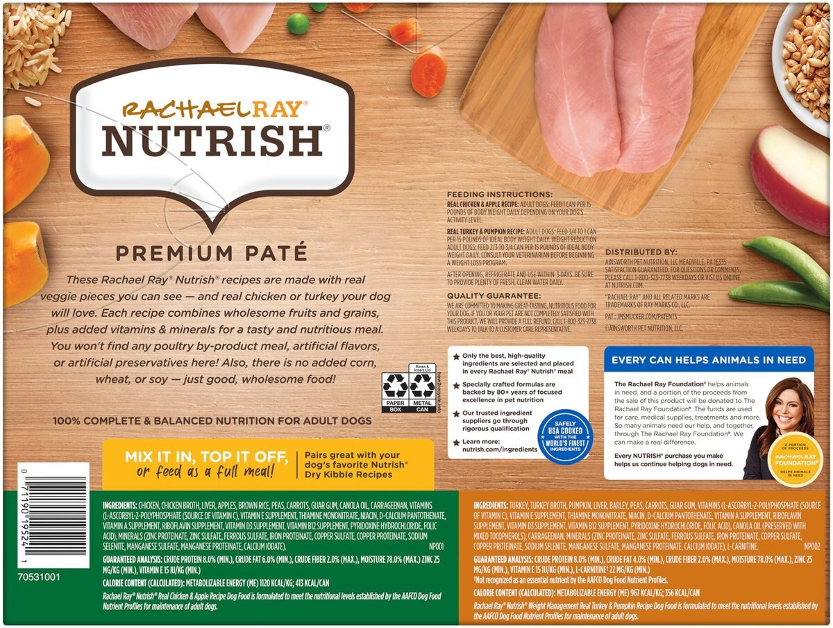 Rachael Ray Nutrish Premium Pate Poultry Variety Pack Wet Dog Food， 13-oz can， case of 12