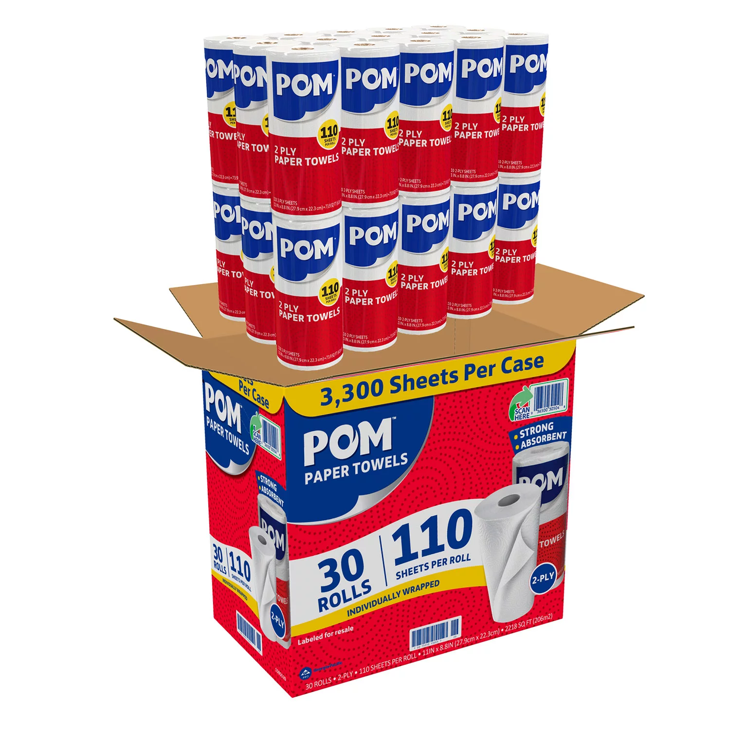 POM Individually Wrapped 2-Ply Paper Towels (110 sheets/roll， 30 rolls)