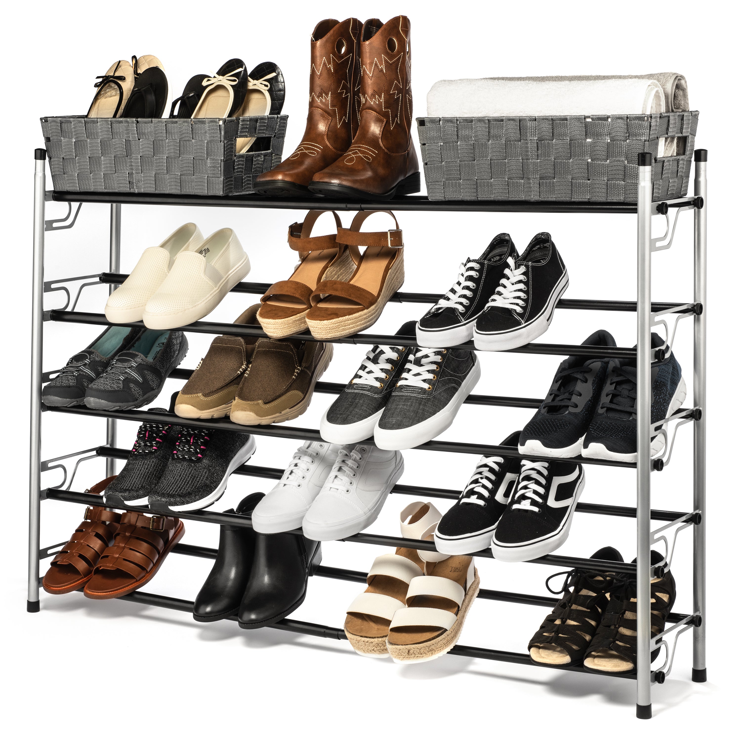 USTECH 5 Tier， Metal Shoe Rack， Expandable and Adjustable， Non Slip Surface， 25 Pairs