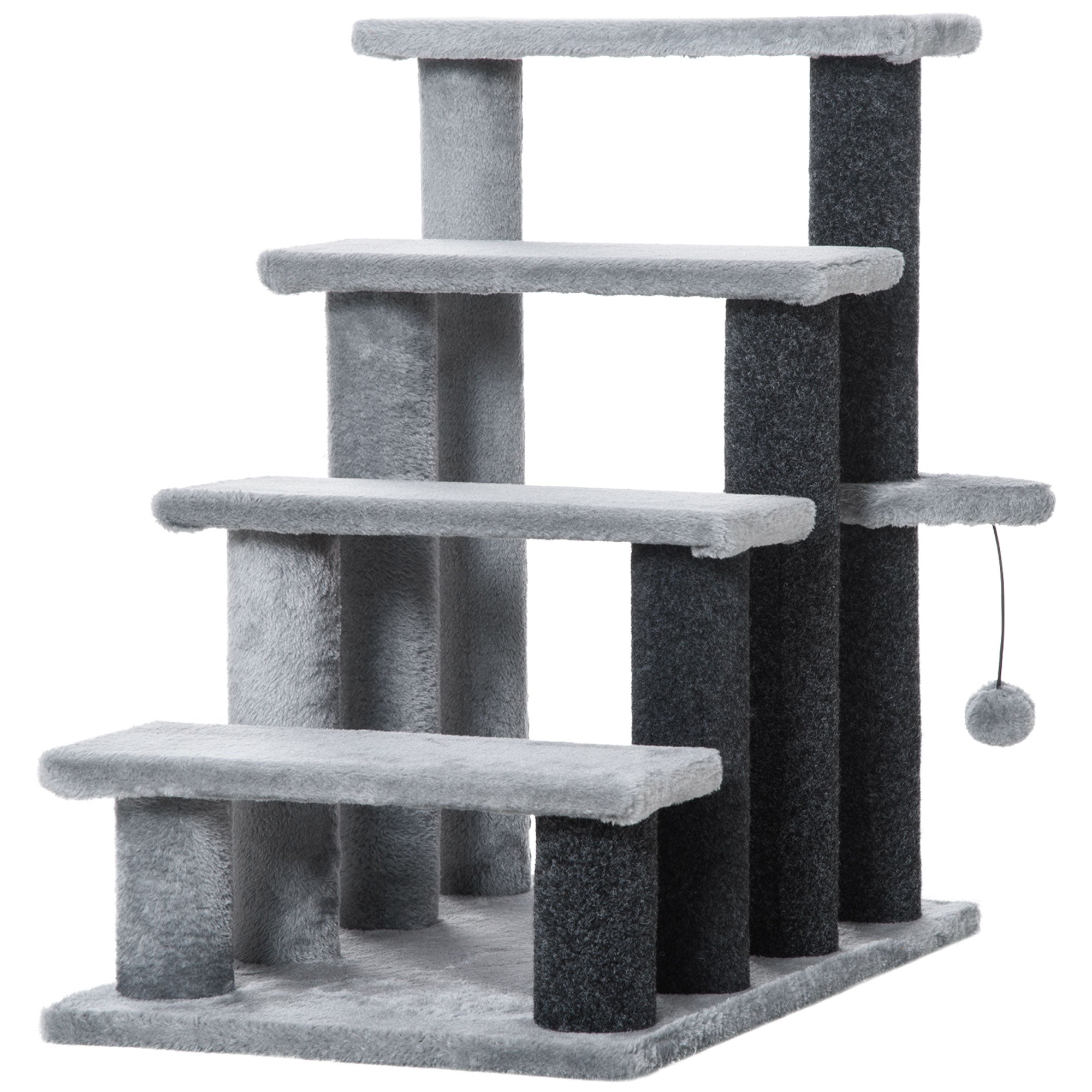 PawHut 4-Level Cat Stair Ladder， Kitten Tree Climber， with Hanging Play Ball， Steps for Bed， Sofa， Light Grey