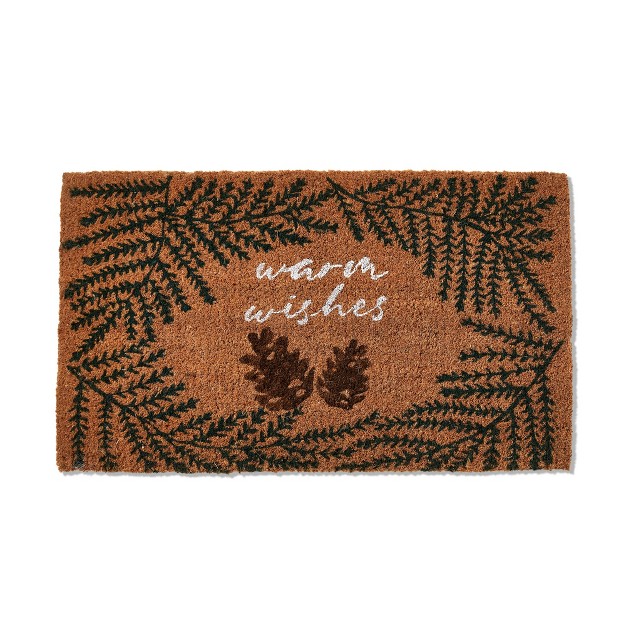 Warm Wishes Sentiment Pine Cone Rectangle Indoor And Outdoor Coir Door Welcome Mat Green On Brown Background