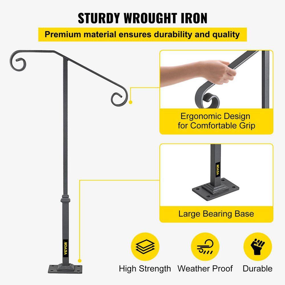 VEVOR Single Post Wrought Iron Handrail Fit 1 or 2 Steps Outdoor Stair Railing Handrails for Outdoor Steps Gray LTFSSHSDDZJSFS001V0