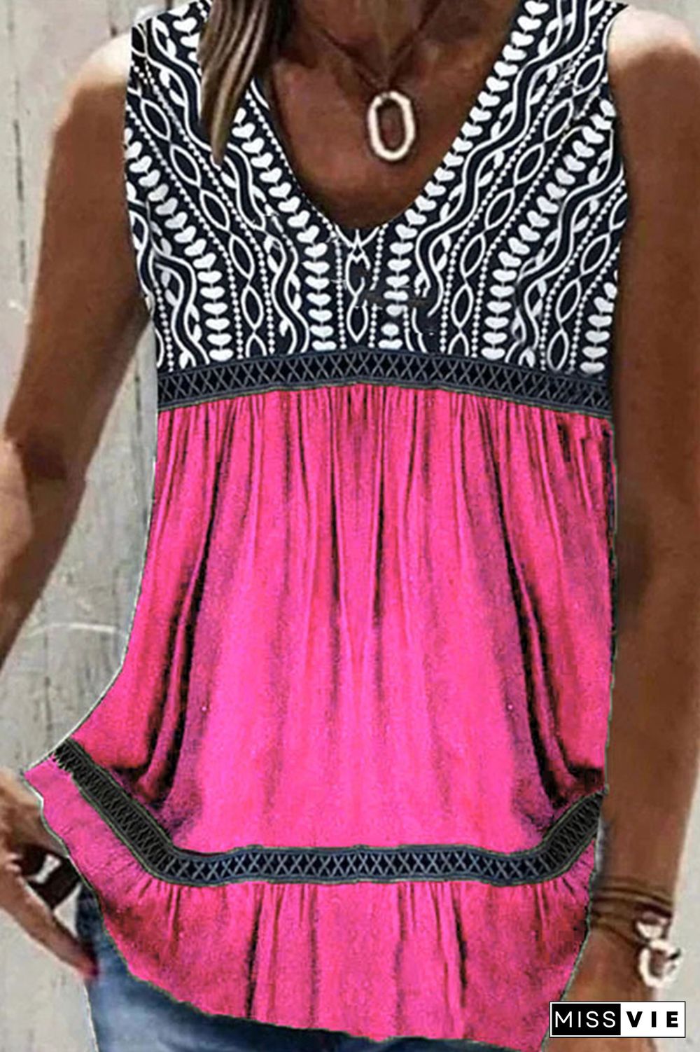 V Neck Color Block Printed Tank Top