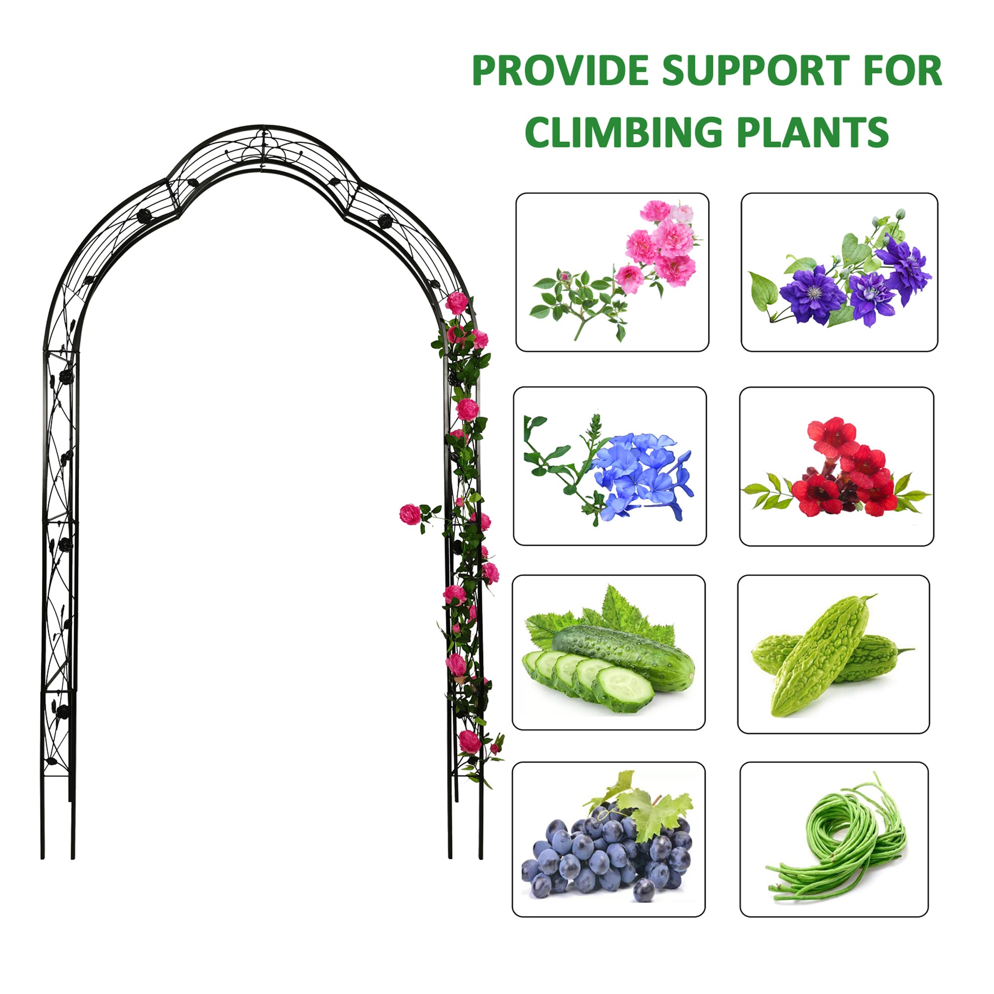 Garden Arch Trellis with Ground Stakes, Metal Archway for Climbing Plants, Black Yard Lawn Arbors and Trellises, 59