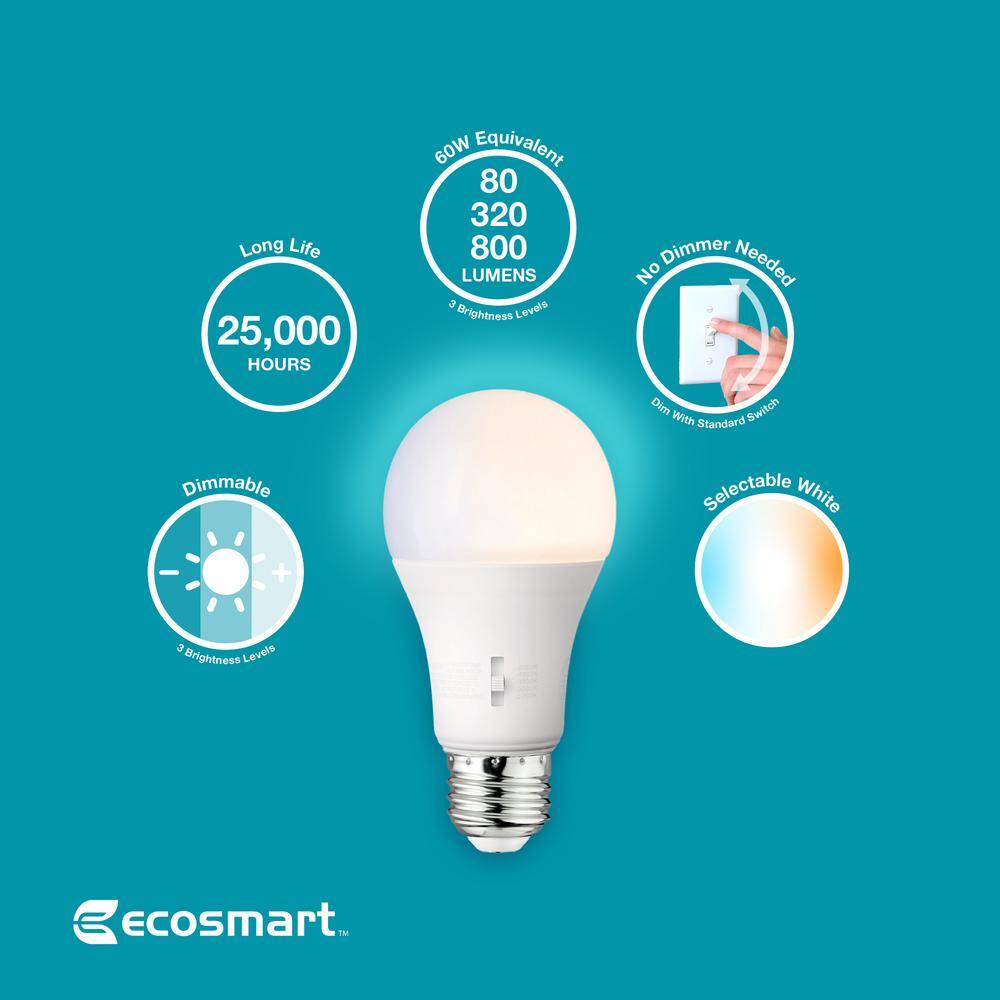 EcoSmart 60-Watt Equivalent A19 CEC Built in Dimming LED Light Bulb with Selectable Color Temperature (1-Pack) 11A19060WWALL01