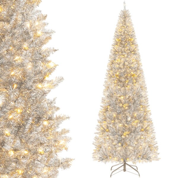 PreLit Artificial Silver Tinsel Xmas Tree with 790 Branch Tips and 300 LED Lights