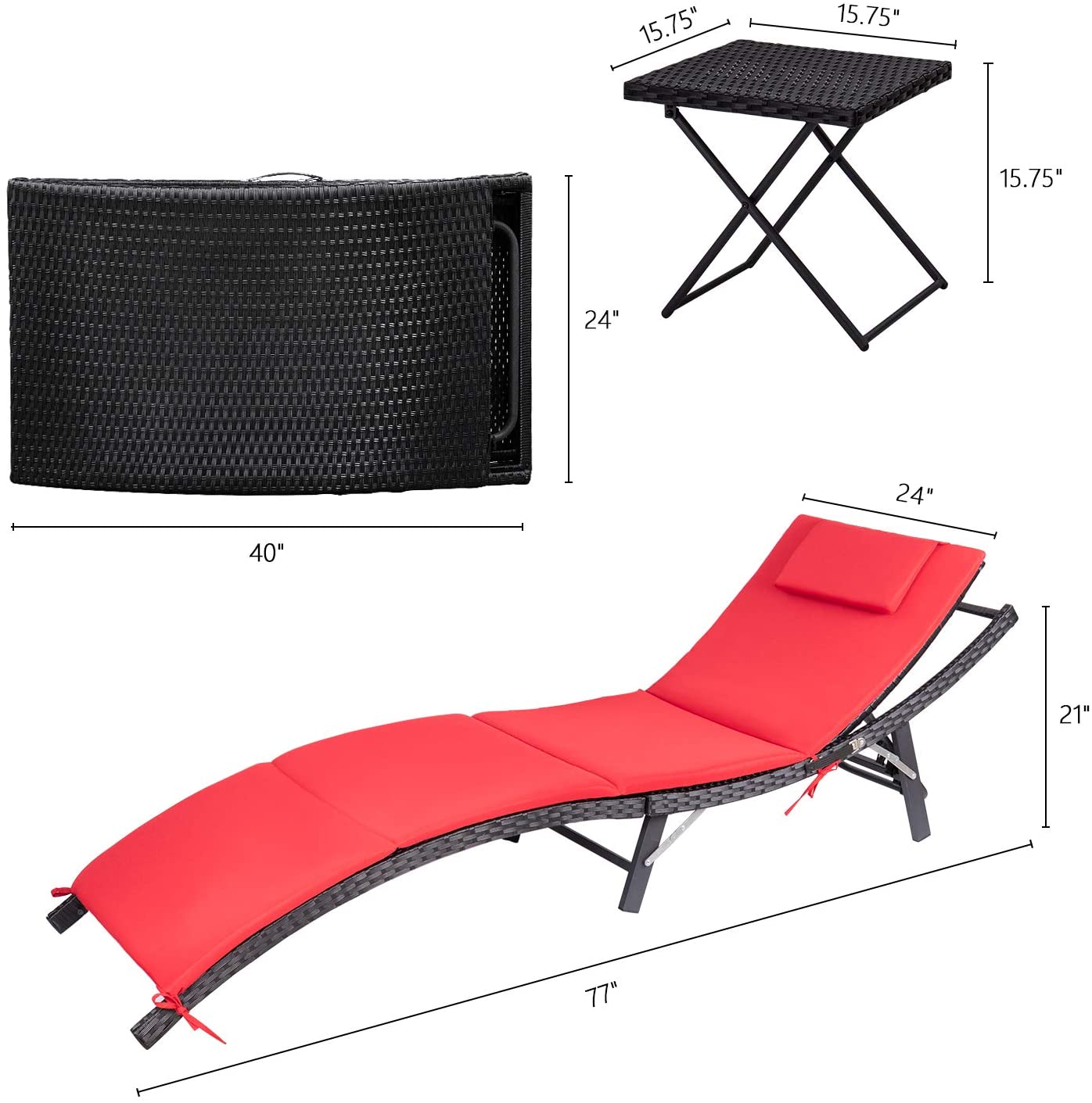 Lacoo 3 Pieces Patio Furniture Outdoor Patio Lounge Chair Adjustable Folding Lawn Poolside Chaise Lounge Chair PE Rattan Patio Seating with Folding Table and Red Cushion