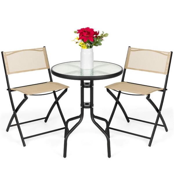 3Piece Patio Bistro Dining Furniture Set w/Textured Glass Tabletop，2 Folding Chairs，Steel Frame，Polyester Fabric