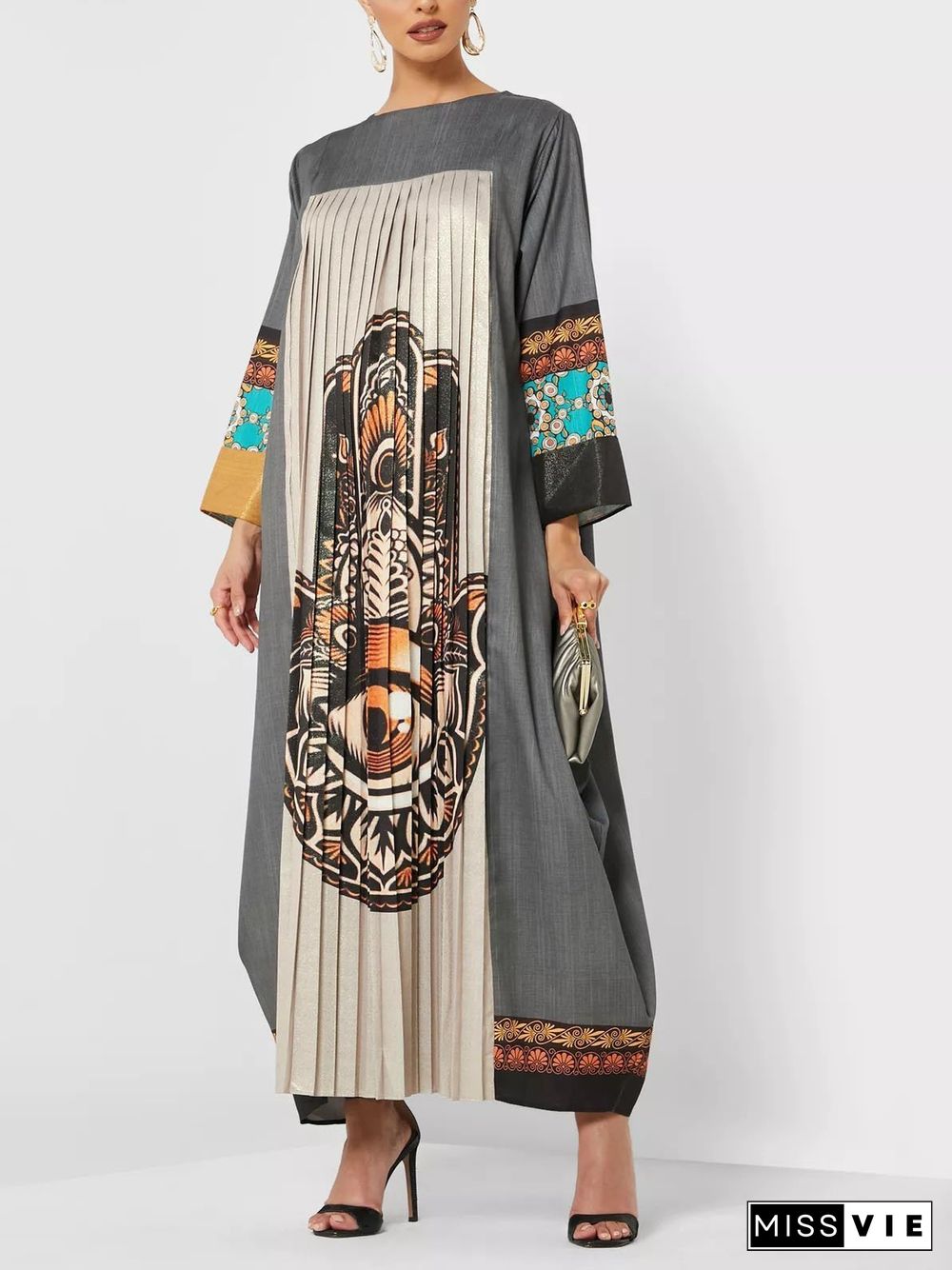 Gray Pleated Printed Long Sleeve Robe Dress