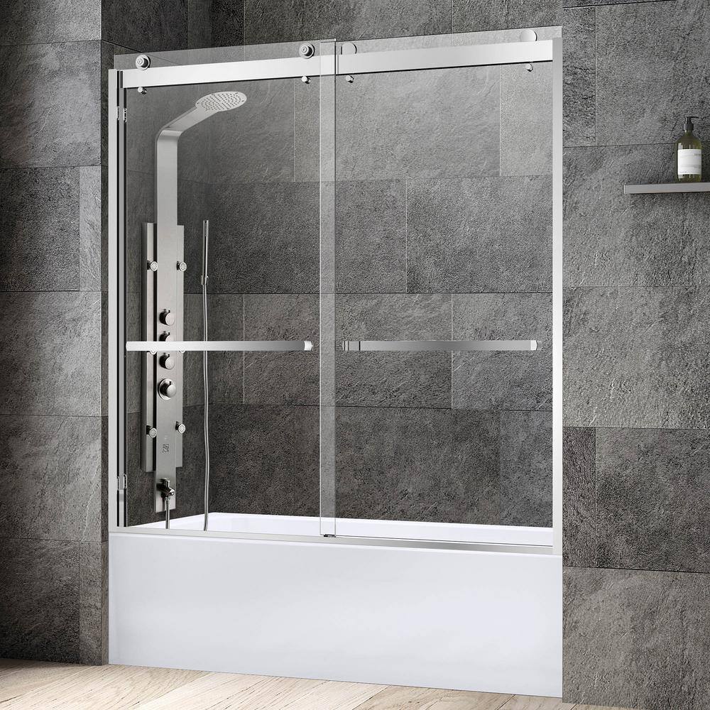 WOODBRIDGE Graceburg 56 in. - 60 in. x 62 in. Frameless Sliding Shower Door with Shatter Retention Glass Opening in Brushed Nickel HSD3624