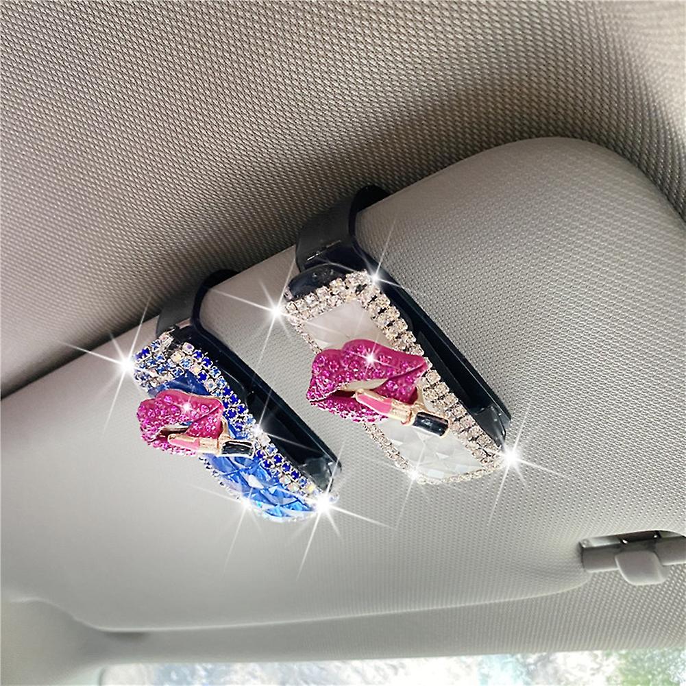 Glasses Holder For Car Visor Fashion Bling Crystal Rhinestones Car Sun Visor Sunglasses Clip Ticket Holder Blue