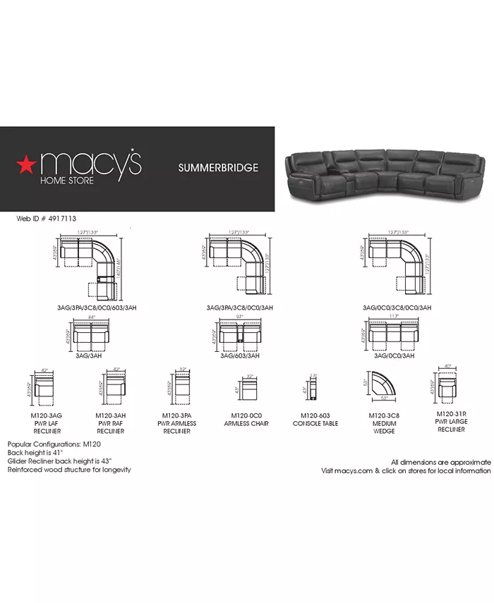 Furniture CLOSEOUT! Summerbridge 3-Pc. Leather Sectional Sofa with 3 Power Reclining Chairs Power Headrests and USB Power Outlet