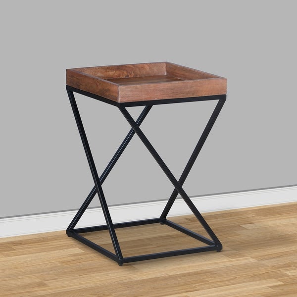 22 Inch Industrial End Side Table with Mango Wood Tray to p， X Shape Iron Frame