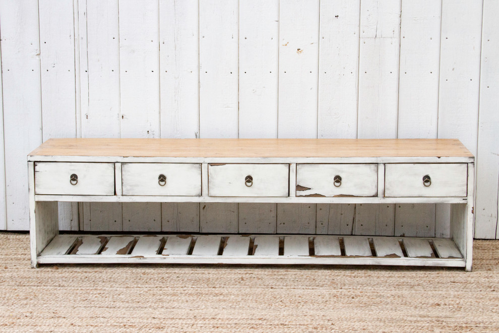 Lacquered White Three Drawer Low Console   Farmhouse   Console Tables   by De cor  Houzz