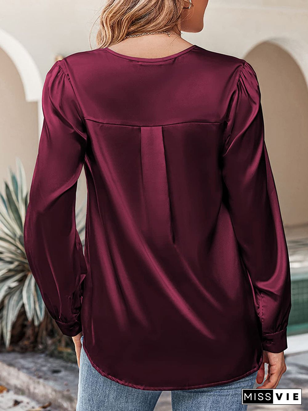 Loose Pleated Solid Color V-Neck Blouses&Shirts Tops